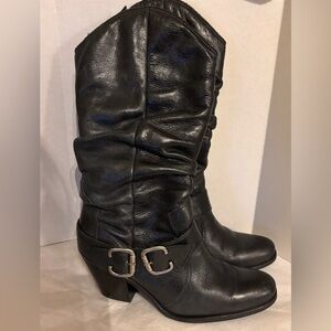 Matisse Willie Black Leather Heeled Harness Cowboy Moto Boots Womens Sz 6.5 M